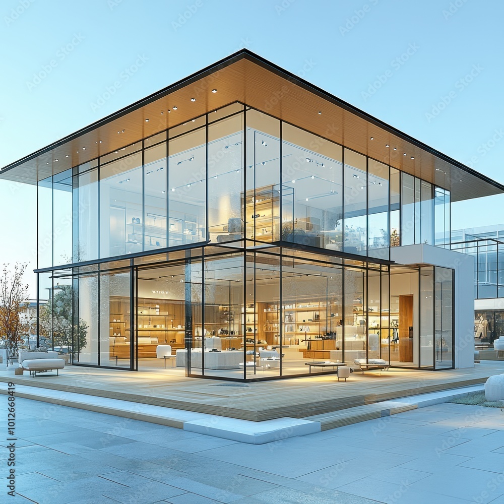 3D model of a contemporary retail store with large windows, viewed from an eye-level angle to capture the entrance, set against 3D model of a contemporary retail store with large windows, viewed from an eye-level angle to capture the entrance, set against