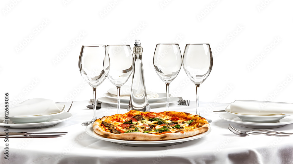 Elegant Table Setting with Alfredo Pizza and Glassware on white background Elegant Table Setting with Alfredo Pizza and Glassware on white background