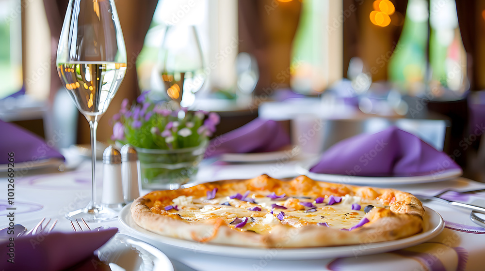 Gourmet Alfredo Pizza Dining Setting with Purple Napkins Gourmet Alfredo Pizza Dining Setting with Purple Napkins