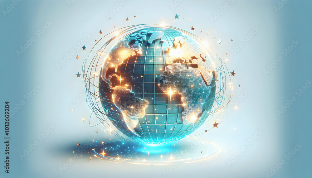 3D Holographic Globe Icon with Glowing Stars on White Background - Symbolizing Global Happiness, Unity, and Ample Copy Space for Messaging 3D Holographic Globe Icon with Glowing Stars on White Background - Symbolizing Global Happiness, Unity, and Ample Copy Space for Messaging