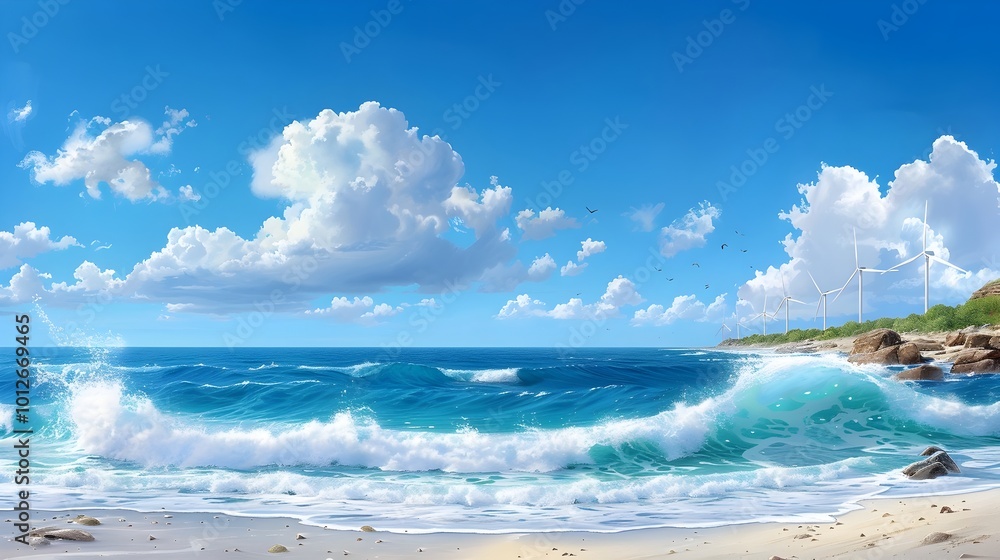 Dramatic Coastal Landscape with Wind Farm and Thriving Marine Life Dramatic Coastal Landscape with Wind Farm and Thriving Marine Life