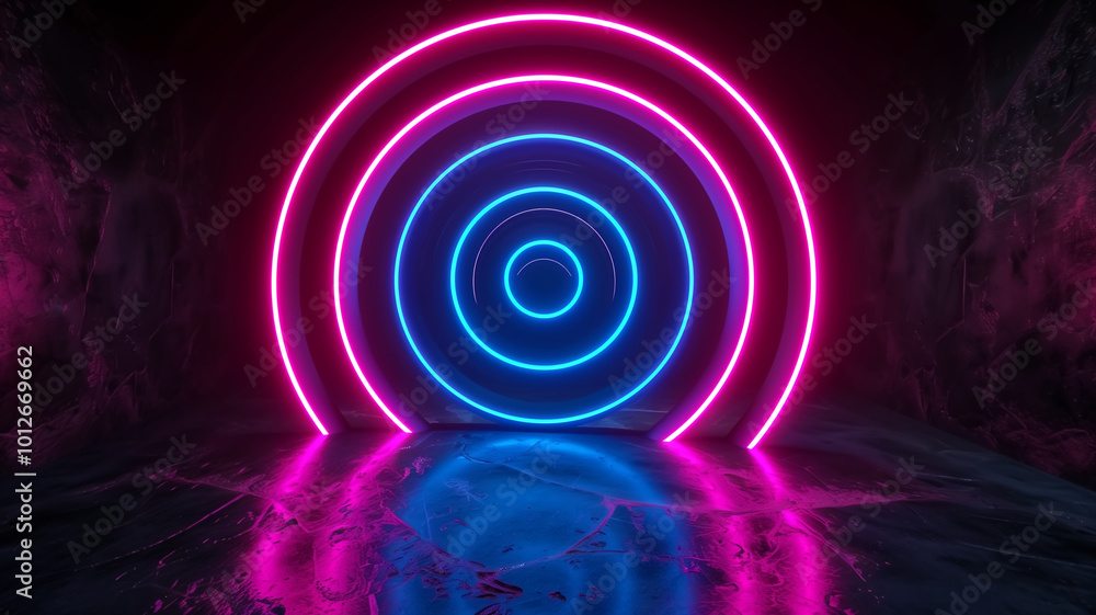 Obraz premium Neon circles in vibrant pink and blue create stunning visual effect in dark, textured environment. glowing lights reflect beautifully on surface, enhancing atmosphere