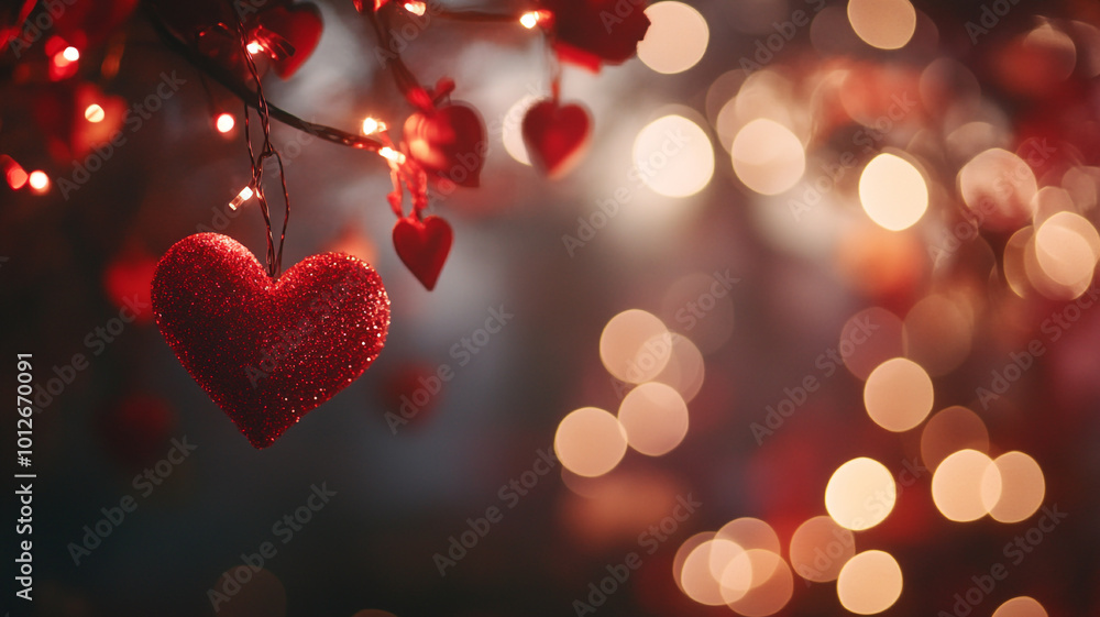 A cozy and festive holiday atmosphere with red hearts and twinkling lights A cozy and festive holiday atmosphere with red hearts and twinkling lights