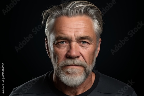 Portrait of a senior man with grey hair and beard on black background.