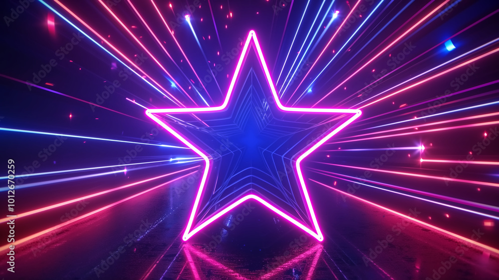 vibrant neon star shape radiates colorful light beams in dynamic display, creating energetic and captivating atmosphere vibrant neon star shape radiates colorful light beams in dynamic display, creating energetic and captivating atmosphere