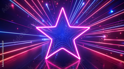 vibrant neon star shape radiates colorful light beams in dynamic display, creating energetic and captivating atmosphere