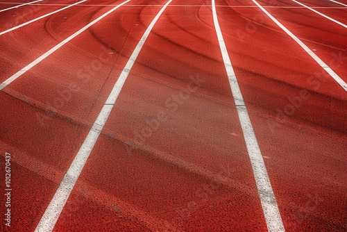 Laneless track and field course Red track with white markings side view
