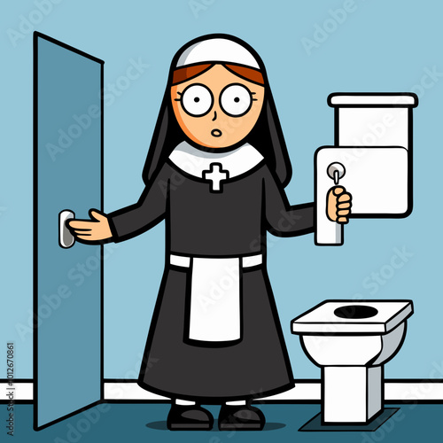 Nun in a pickle: cartoon nun in bathroom with toilet trouble 