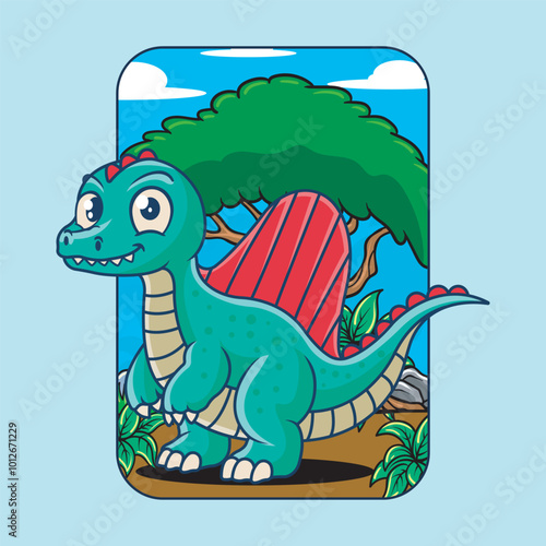 Cute Spinosaurus Dinosaur Character Mascot in Hand Drawn Vector Cartoon Illustration Design for kid, sticker, badge, patch, banner, greeting card, invitation