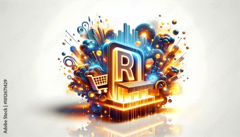 Fototapeta premium 3D Glowing Retail Art Design: Vibrant Abstract Digital Artwork with Dynamic Light Effects for Modern Advertising and Business Promotions