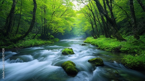Serene River Flowing Through Lush Forest