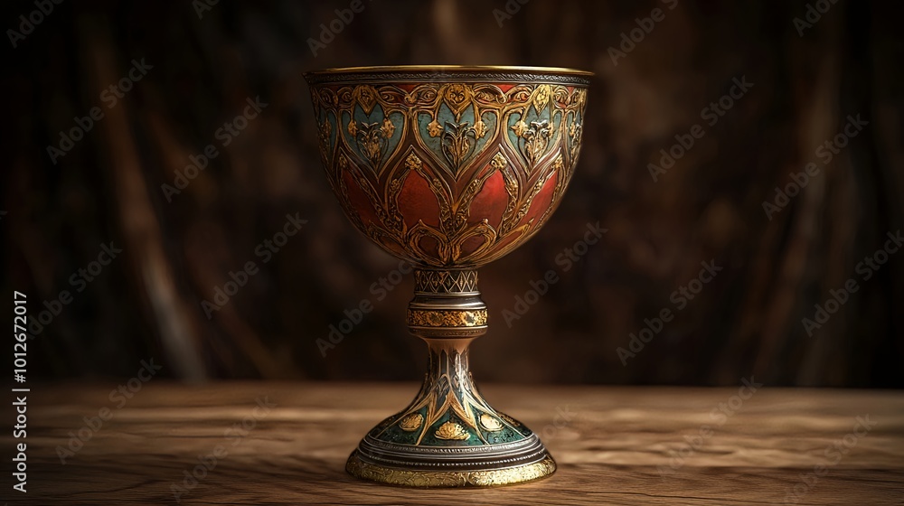 Ornate Antique Chalice with Intricate Patterns on Wooden Surface Ornate Antique Chalice with Intricate Patterns on Wooden Surface