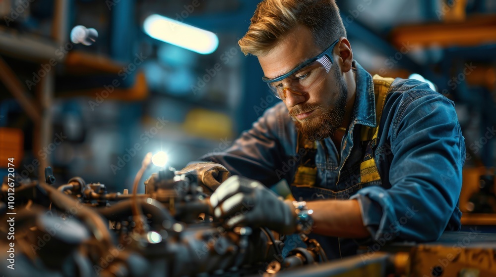 Detailed shot of a professional mechanic inspecting engine parts with a flashlight, ensuring everything is in top condition in the garage. Car repair service. Detailed shot of a professional mechanic inspecting engine parts with a flashlight, ensuring everything is in top condition in the garage. Car repair service.