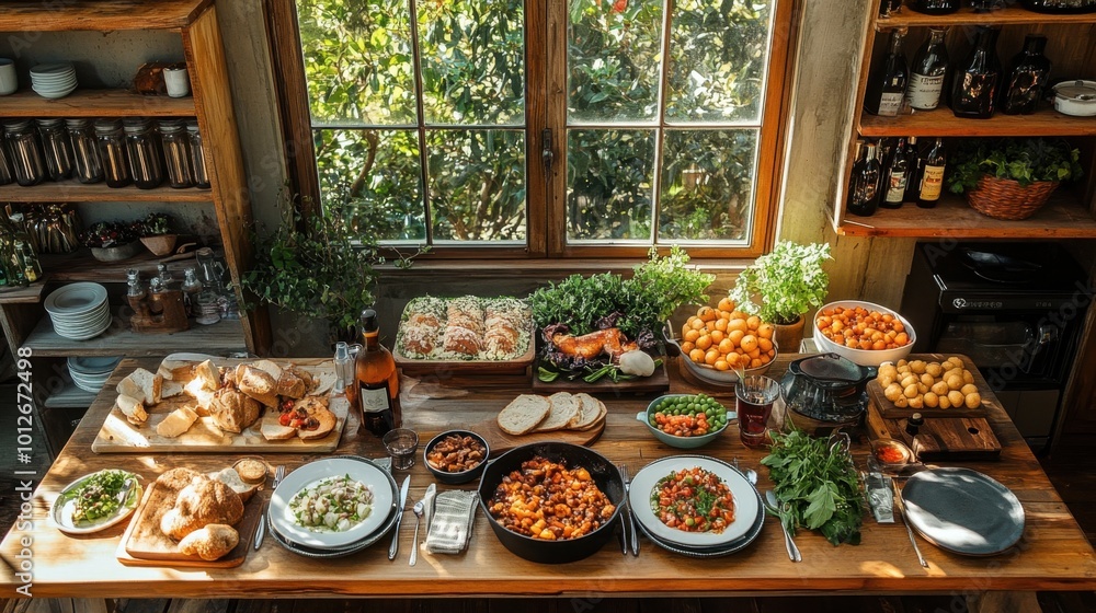 Elegant dining table set for a meal, viewed from an overhead angle, showcasing the arrangement with soft lighting and neutral colors Elegant dining table set for a meal, viewed from an overhead angle, showcasing the arrangement with soft lighting and neutral colors