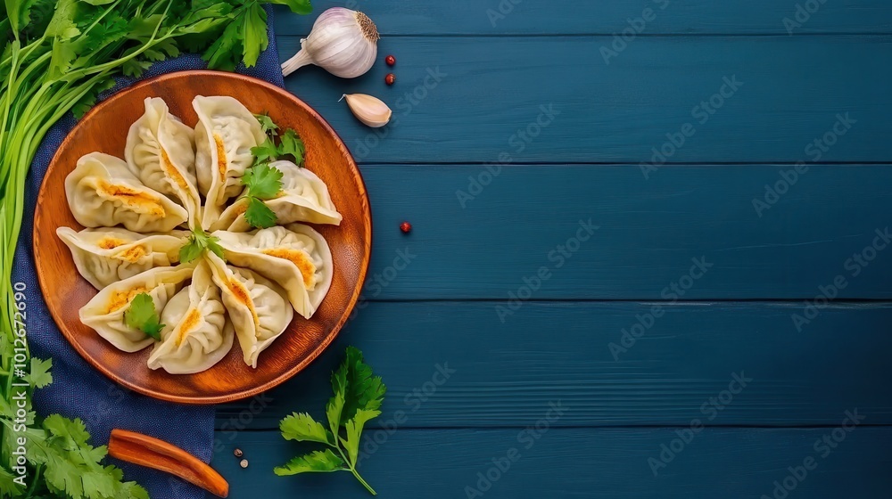 Plate of delicious dumplings garnished with herbs on a blue wooden surface. Plate of delicious dumplings garnished with herbs on a blue wooden surface.