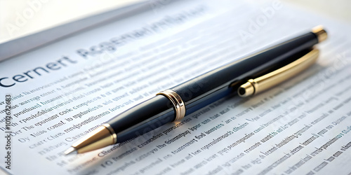 Levitating contract paper with a pen symbolizing business agreements. concept as A crisp image of a contract document and a pen floating together against a white background; represents formal business