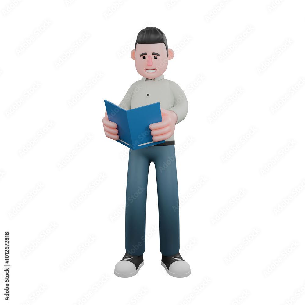 Male Writer Character. A male writer stands holding a blue book with both hands. 3D Storyteller Male Writer Character. A male writer stands holding a blue book with both hands. 3D Storyteller