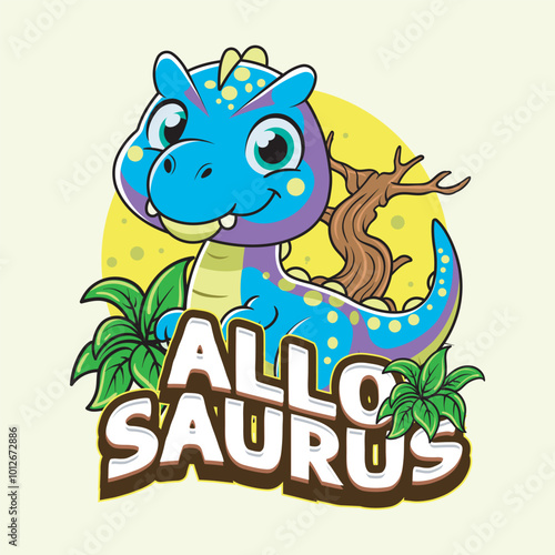 Cute Allosaurus Dinosaur Character Mascot in Hand Drawn Vector Cartoon Illustration Design for kid, sticker, badge, patch, banner, greeting card, invitation