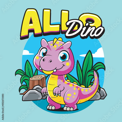 Cute Allosaurus Dinosaur Character Mascot in Hand Drawn Vector Cartoon Illustration Design for kid, sticker, badge, patch, banner, greeting card, invitation