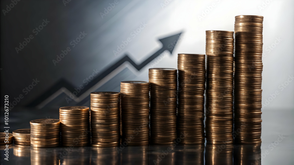 Investment Coins and Growth Chart on Glossy White Background: Highlighting Financial Growth and Opportunities for Wealth Management Advertisements Investment Coins and Growth Chart on Glossy White Background: Highlighting Financial Growth and Opportunities for Wealth Management Advertisements