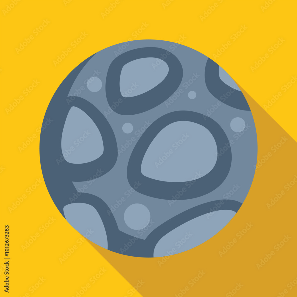 Fototapeta premium Grey planet with craters on a yellow background, simple flat design with long shadow