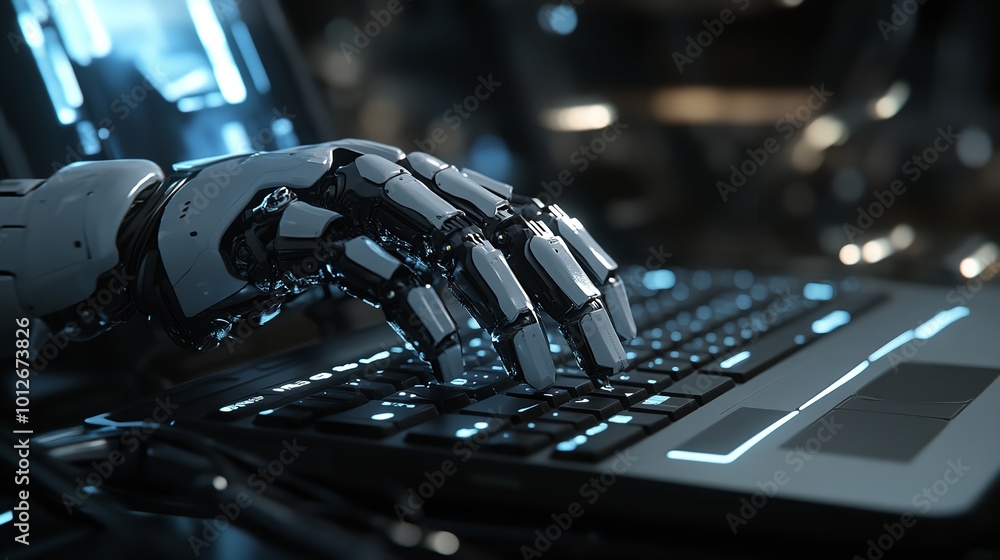 Robotic Hand Pressing a Keyboard on a Laptop 3D Rendering
Robotic Hand Pressing a Keyboard on a Laptop 3D Rendering