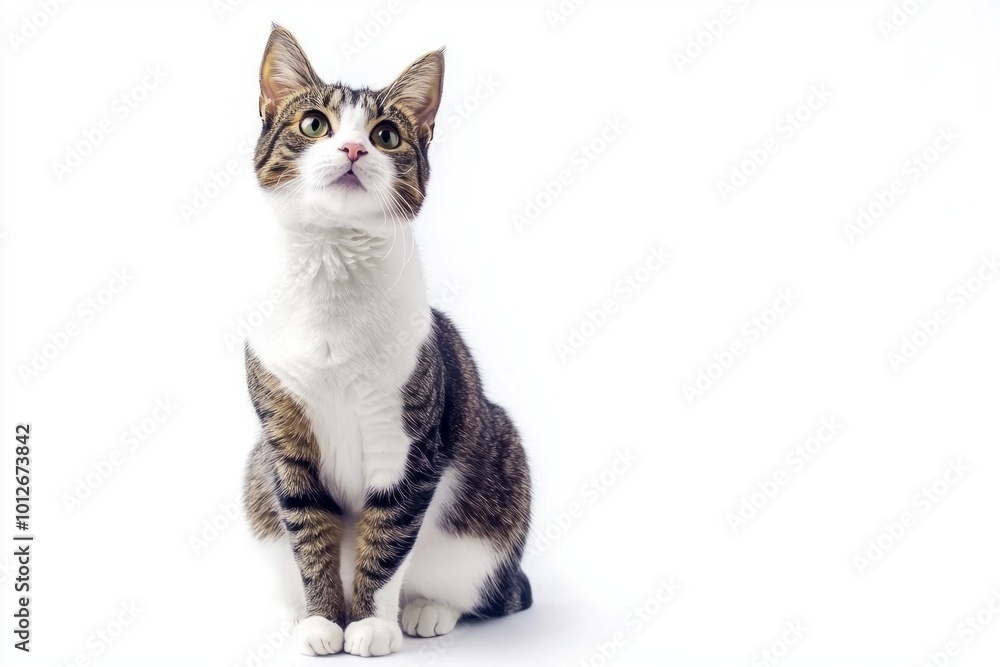Obraz premium American Wirehair cat exudes charm and curiosity while sitting calmly in a serene, white space, embodying feline elegance.