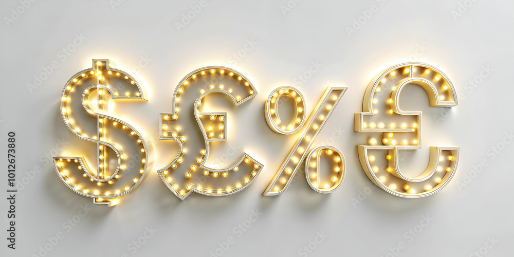 Macro Shot of Glowing Discount Sign with Currency Symbols and Copy Space for Financial Advertising in Photo Stock Concept Macro Shot of Glowing Discount Sign with Currency Symbols and Copy Space for Financial Advertising in Photo Stock Concept