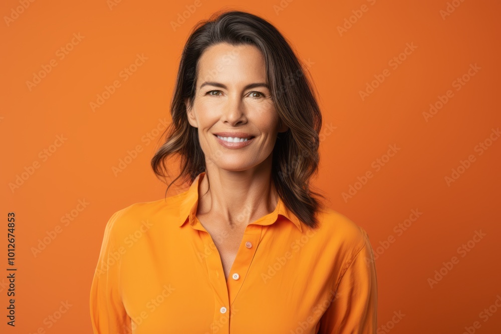Portrait of smiling mature woman in orange shirt on orange background. Portrait of smiling mature woman in orange shirt on orange background.