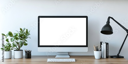 Poster mockup with vertical white frame in working room interior background,a picture frame sitting on top of a wooden table next to potted plants.