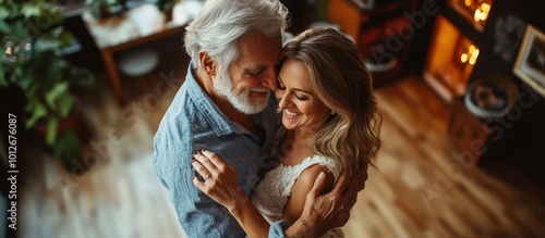 Senior couple embracing each other in a loving hug.