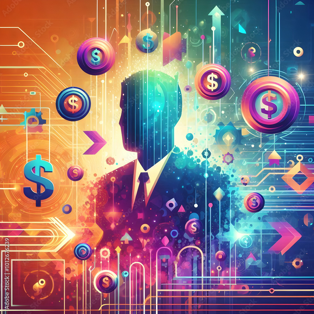 Obraz premium Flat Abstract Glowing Financial Symbols: A Vibrant Digital Art Piece Showcasing Dollar Signs, Coins, and Arrows in a Modern Business Theme for Financial Growth and Savings