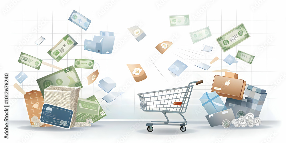 Seamless Minimalist Tile Design with Shopping Carts, Dollar Bills & Discount Tags Illustrating Consumerism, E-commerce & Retail Backgrounds Seamless Minimalist Tile Design with Shopping Carts, Dollar Bills & Discount Tags Illustrating Consumerism, E-commerce & Retail Backgrounds