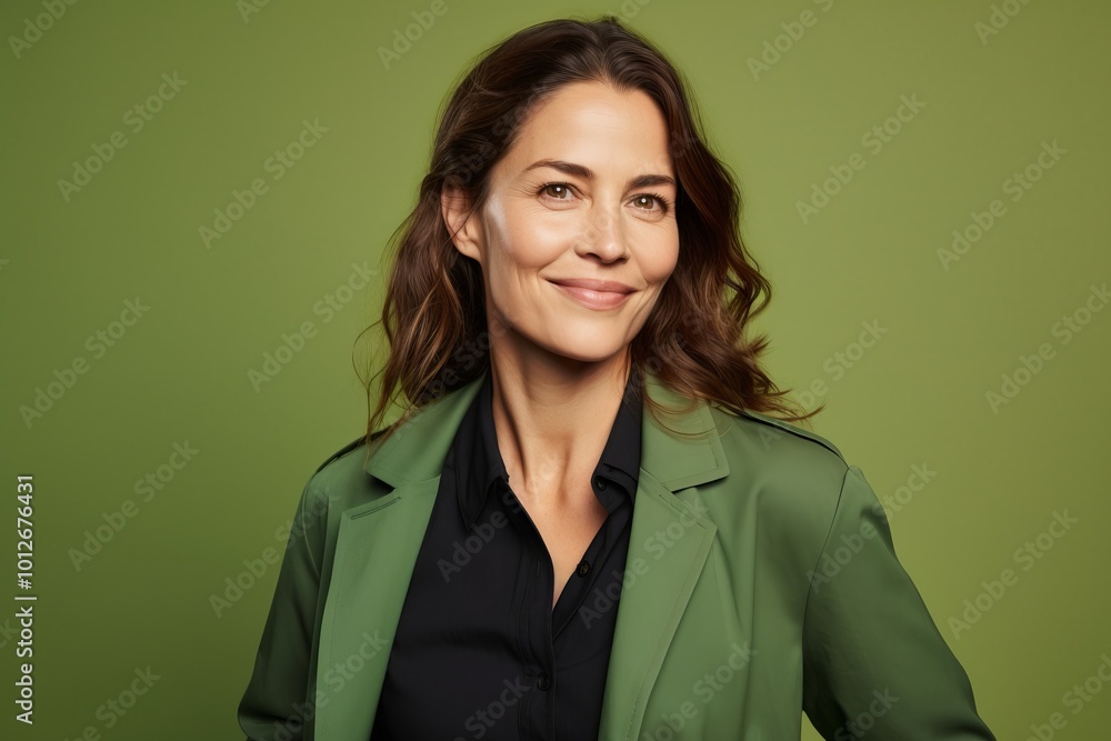 Portrait of smiling businesswoman looking at camera over green background. Portrait of smiling businesswoman looking at camera over green background.