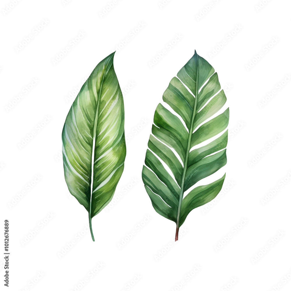 Obraz premium Two green leaves with a white background. The leaves are large and have a lot of detail. The leaves are painted with watercolors and have a natural. Generative AI