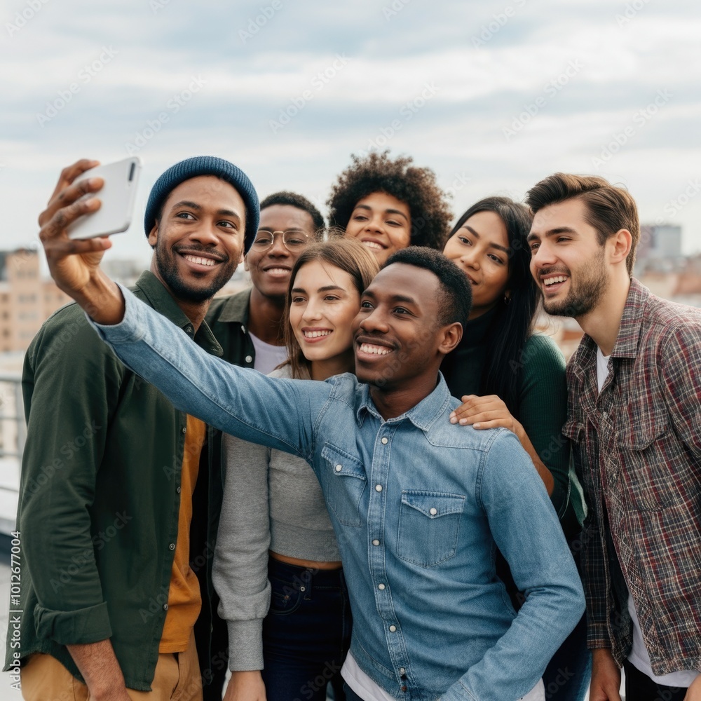 Diverse Friends Group Taking Selfie on City Rooftop Diverse Friends Group Taking Selfie on City Rooftop