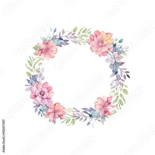 A beautiful wreath with blue and pink flowers and foliage Ideal for wedding stationery, invitations, greeting cards, and designs with a spring theme. Generative AI