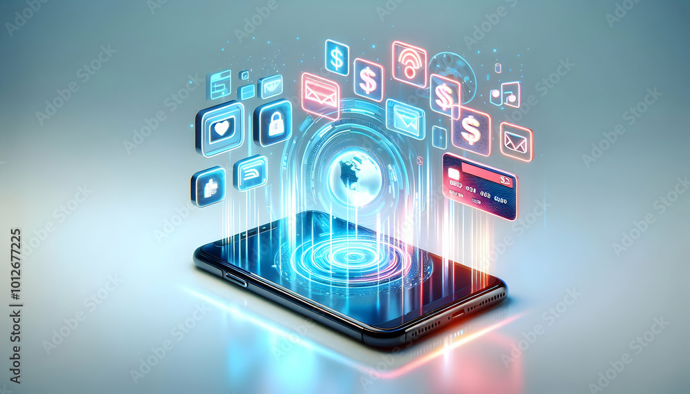 Fototapeta premium 3D Holographic smartphone with floating app icons and copy space concept as A sleek glossy smartphone with floating holographic app icons surrounding it. The icons glow with a futuristic aura creating