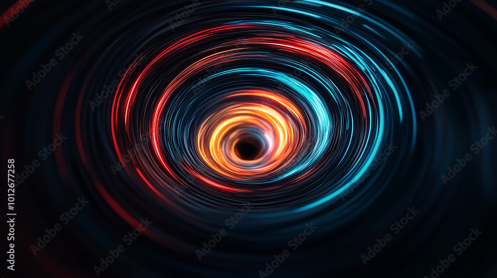 Obraz premium Abstract swirling light patterns in red, blue, and orange colors forming a vortex.