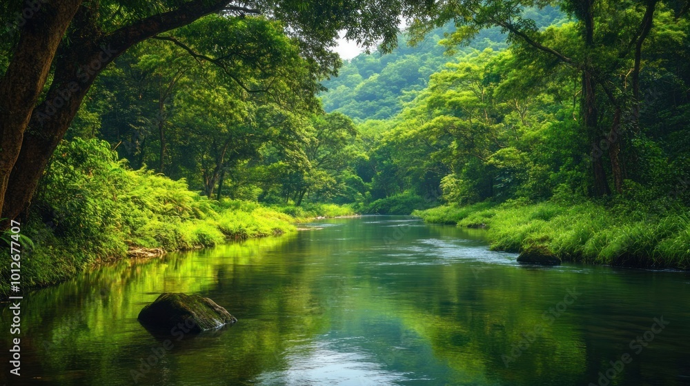 Serene River Flowing Through Lush Forest Serene River Flowing Through Lush Forest