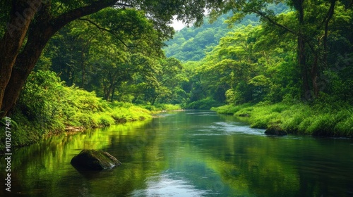 Serene River Flowing Through Lush Forest