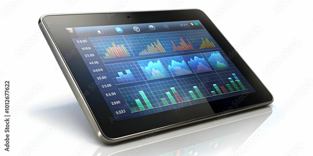 Glossy Digital Tablet Displaying Real-Time Currency Exchange Rates: A Macro Shot Showcasing Advanced Financial Technology on a White Background with Ample Copy Space for Branding Glossy Digital Tablet Displaying Real-Time Currency Exchange Rates: A Macro Shot Showcasing Advanced Financial Technology on a White Background with Ample Copy Space for Branding
