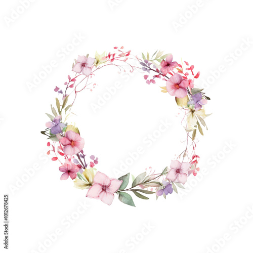 A beautiful wreath with blue and pink flowers and foliage Ideal for wedding stationery, invitations, greeting cards, and designs with a spring theme. Generative AI