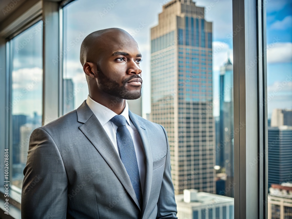 A determined African American businessman in a formal suit stands near an office window, overlooking the city, A determined African American businessman in a formal suit stands near an office window, overlooking the city,