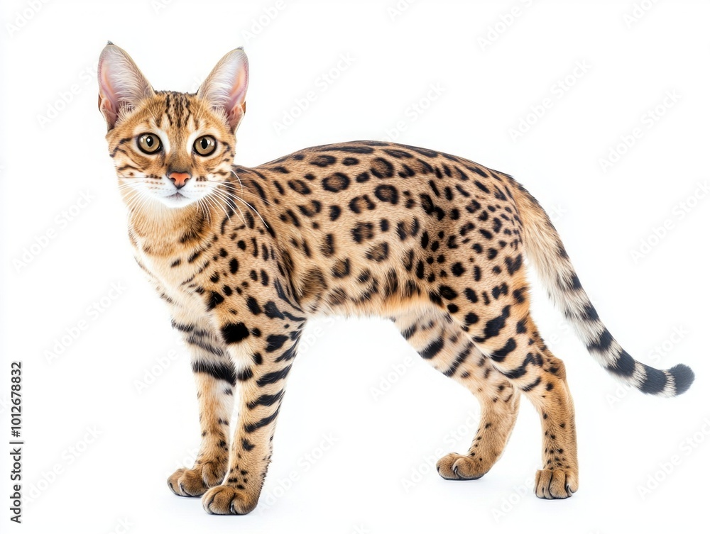 magnificent Savannah cat stands tall, displaying its long legs and distinctive spotted coat in a captivating pose. The cat's vibrant markings shine against the clean, white backdrop. magnificent Savannah cat stands tall, displaying its long legs and distinctive spotted coat in a captivating pose. The cat's vibrant markings shine against the clean, white backdrop.