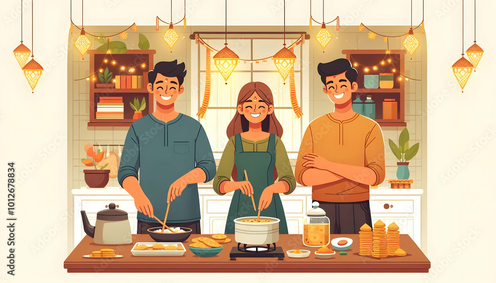 Flat Candid Illustration of a Family Making Diwali Sweets Together, Showcasing Joyful Smiles and Festive Kitchen Decorations in a Heartwarming Scene Flat Candid Illustration of a Family Making Diwali Sweets Together, Showcasing Joyful Smiles and Festive Kitchen Decorations in a Heartwarming Scene