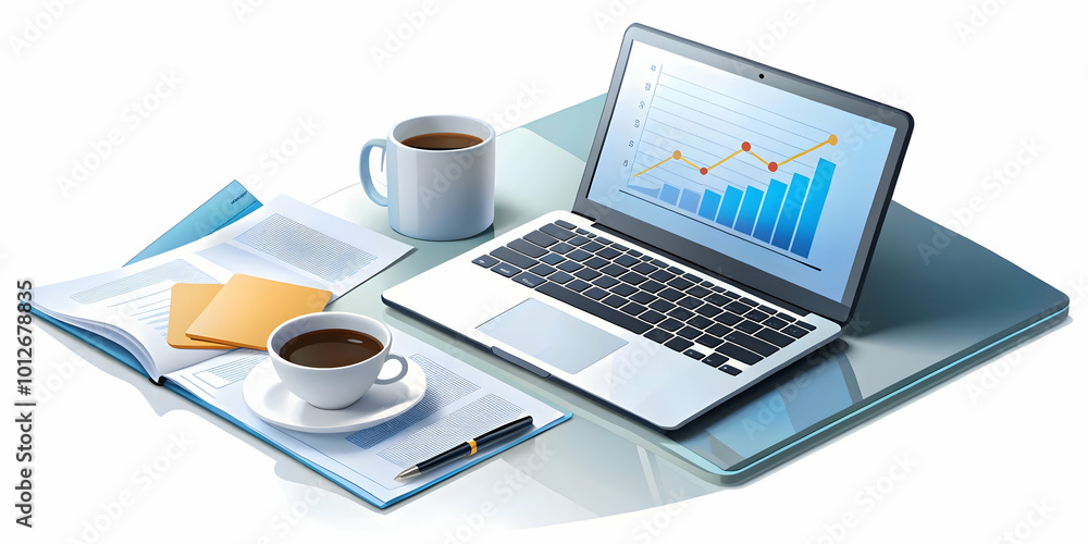 Modern Workspace Setup: Laptop, Financial Documents & Coffee on Glossy White Desk - Emphasizing Productivity & Efficiency for Business Advertisements, Ample Copy Space Available Modern Workspace Setup: Laptop, Financial Documents & Coffee on Glossy White Desk - Emphasizing Productivity & Efficiency for Business Advertisements, Ample Copy Space Available
