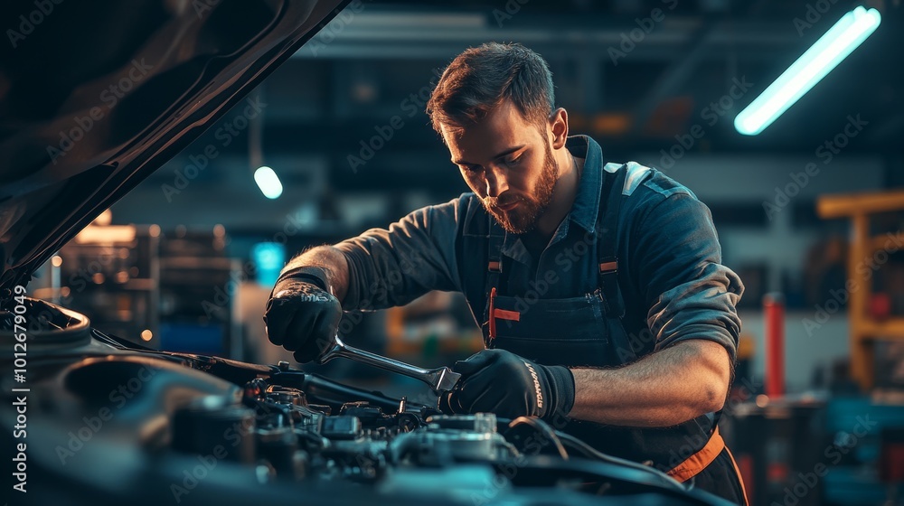 custom made wallpaper toronto digitalMechanic using wrench to repair car engine in garage auto service and maintenance insights