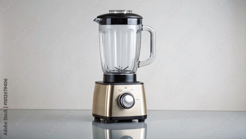 A sleek blender with a glass jar and control dial for blending. A sleek blender with a glass jar and control dial for blending.