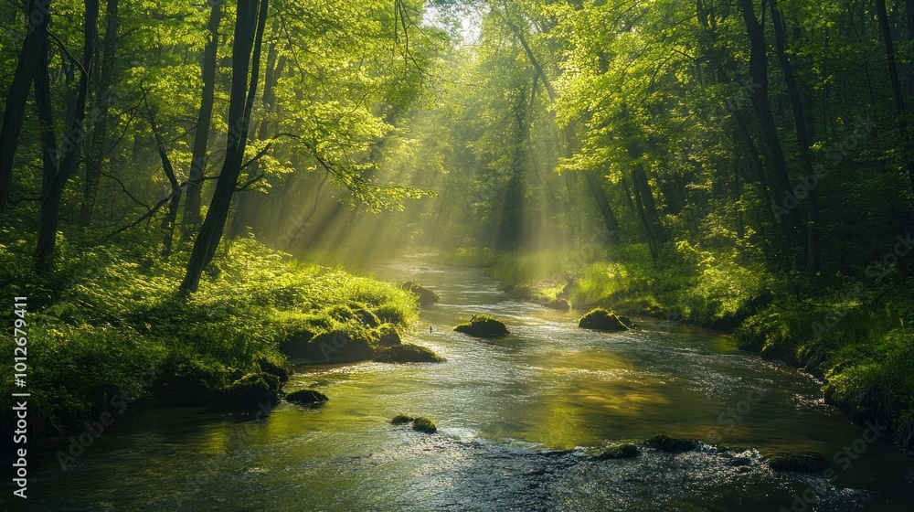 Obraz premium Sunlight Filtering Through the Forest